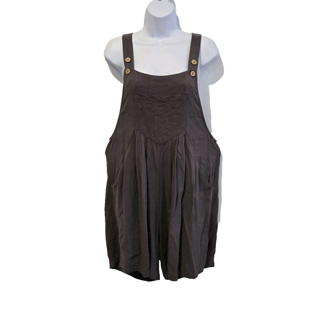 AUTOMET Women's Shorts Jumper Pinafore Apron Linen Blend Adjustable Straps Small
